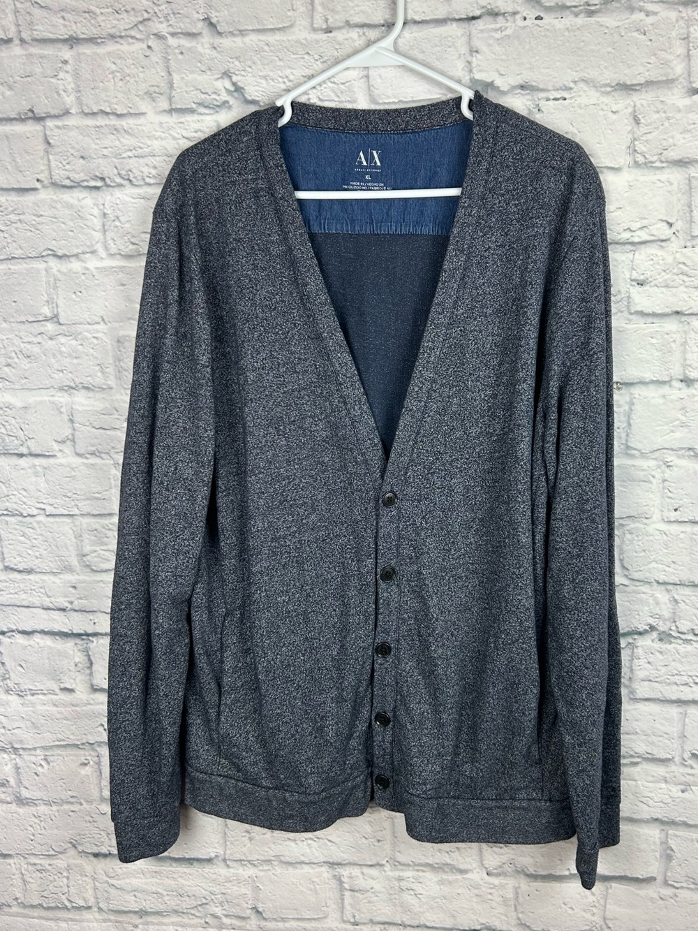 Armani Exchange A|X Men’s XL Gray Cardigan Sweater Denim Elbow Patches - Picture 2 of 7